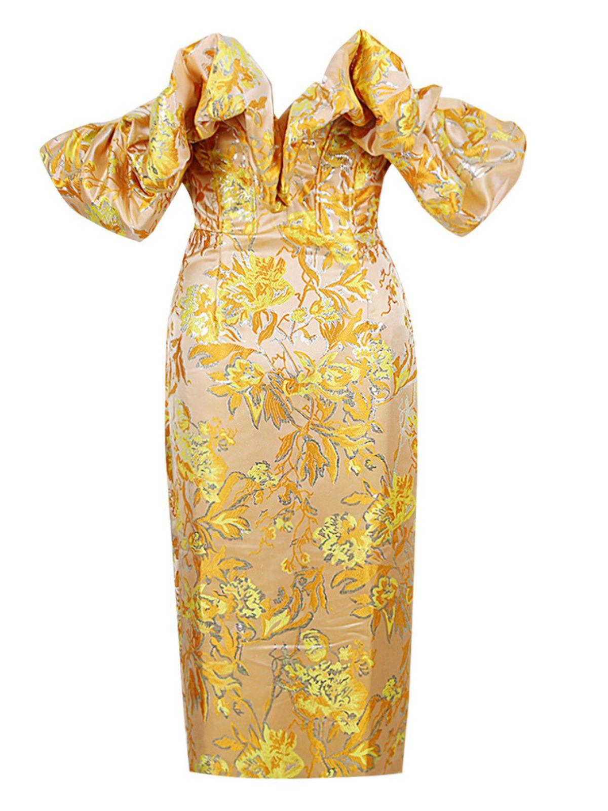 Floral Jacquard Off Shoulder Puff Sleeve Corset Bodycon Midi Dress