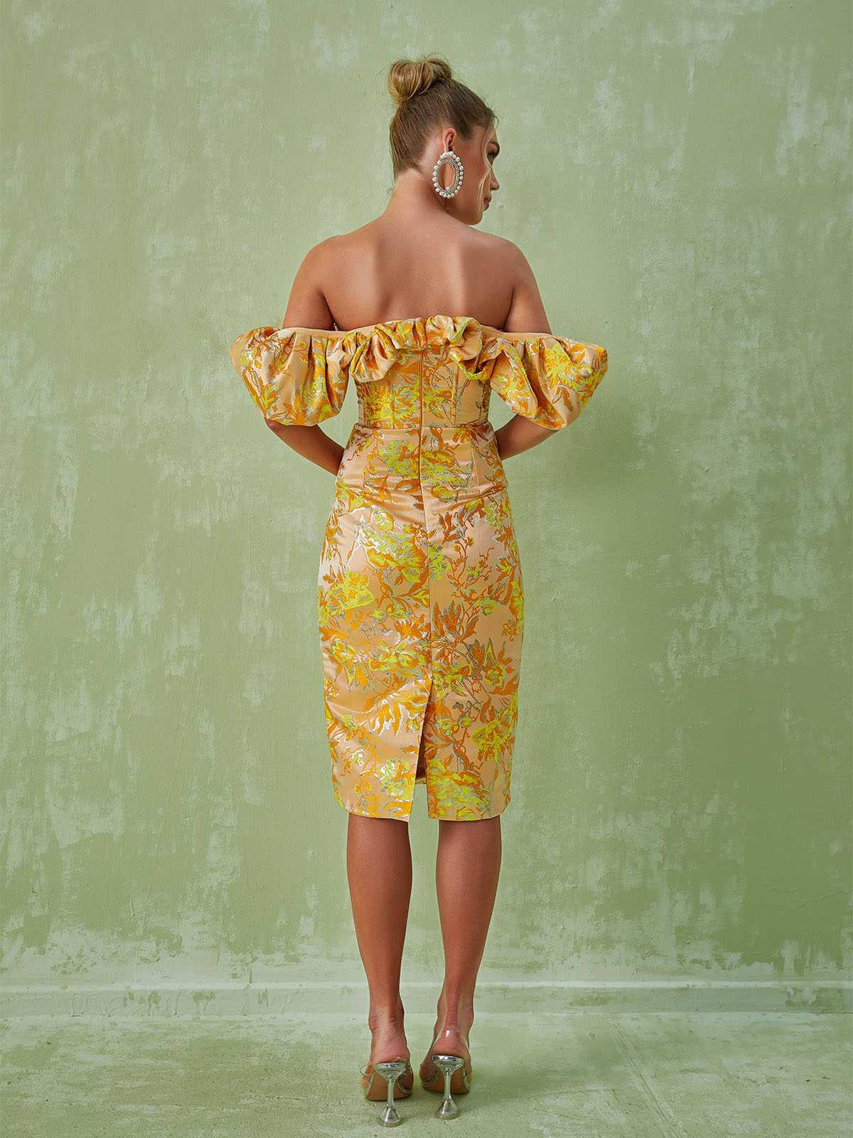Floral Jacquard Off Shoulder Puff Sleeve Corset Bodycon Midi Dress