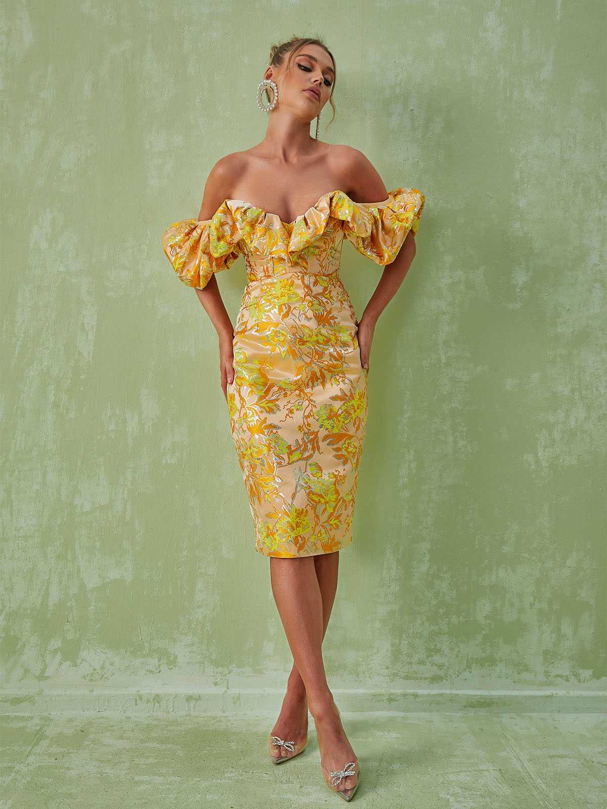 Floral Jacquard Off Shoulder Puff Sleeve Corset Bodycon Midi Dress