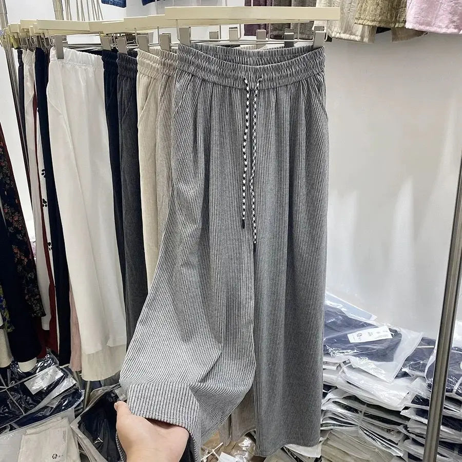 Pinstripe Ribbed Knit Drawstring High Waist Wide Leg Pants 5