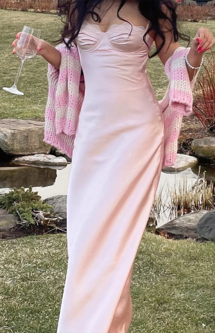 Satin Lace Trim Cupped Bust Spaghetti Strap Slip Maxi Dress 12