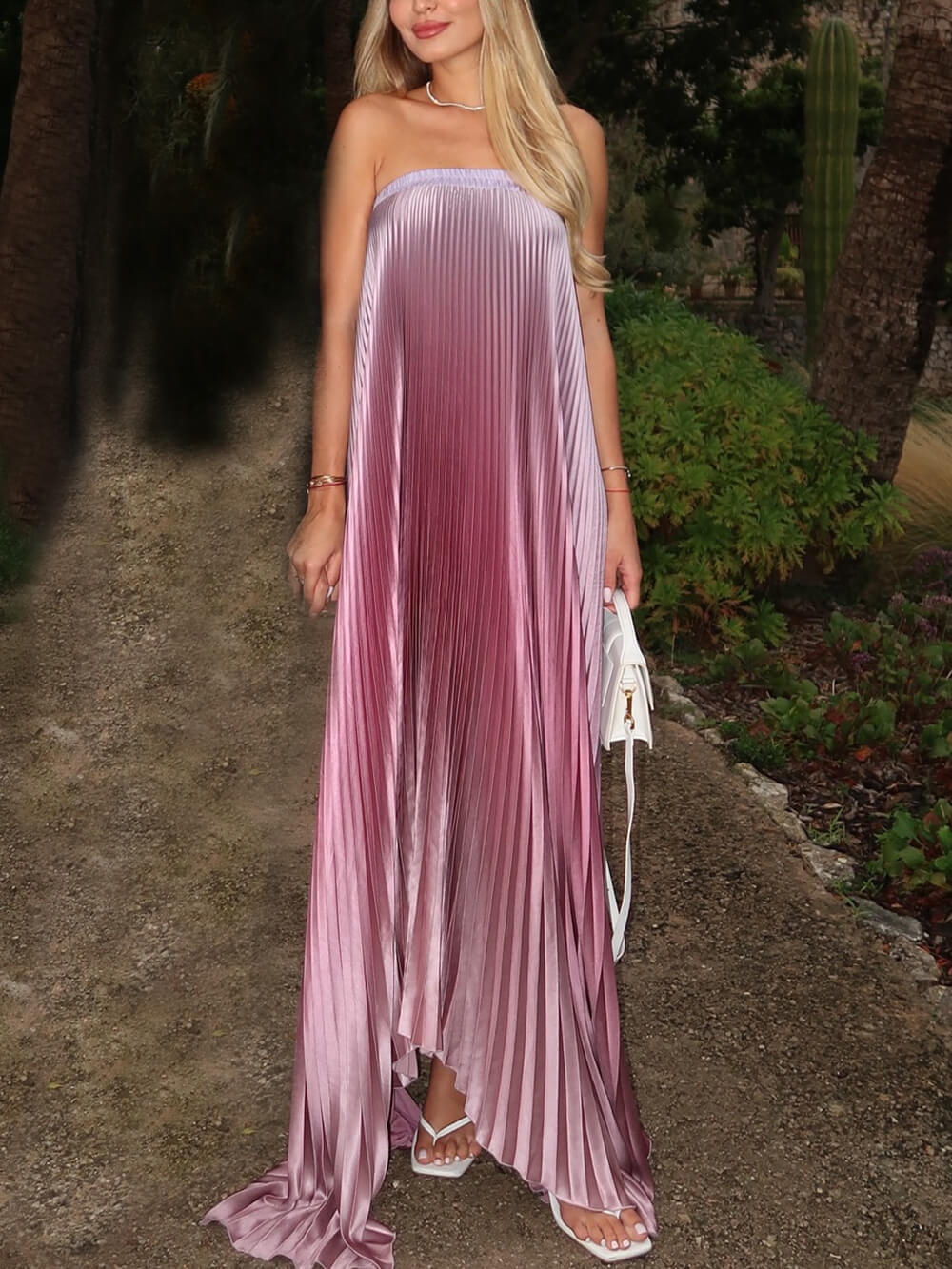 Pleated Satin Strapless Maxi Dress 2