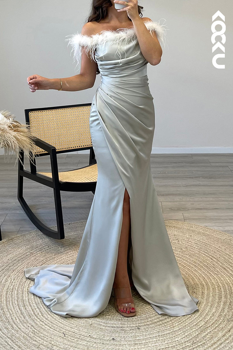 L1026 - Mermaid/Trumpet Off Shoulder Feather Satin Long Semi Formal Dress