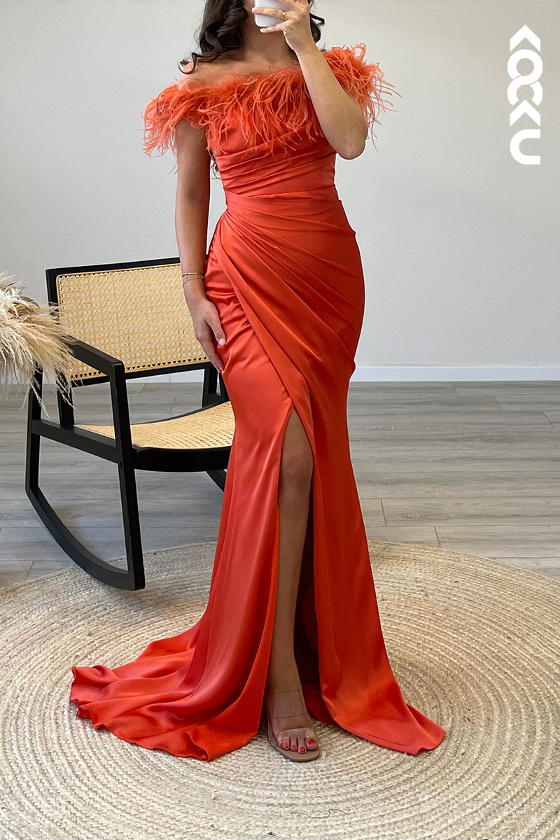 L1026 - Mermaid/Trumpet Off Shoulder Feather Satin Long Semi Formal Dress