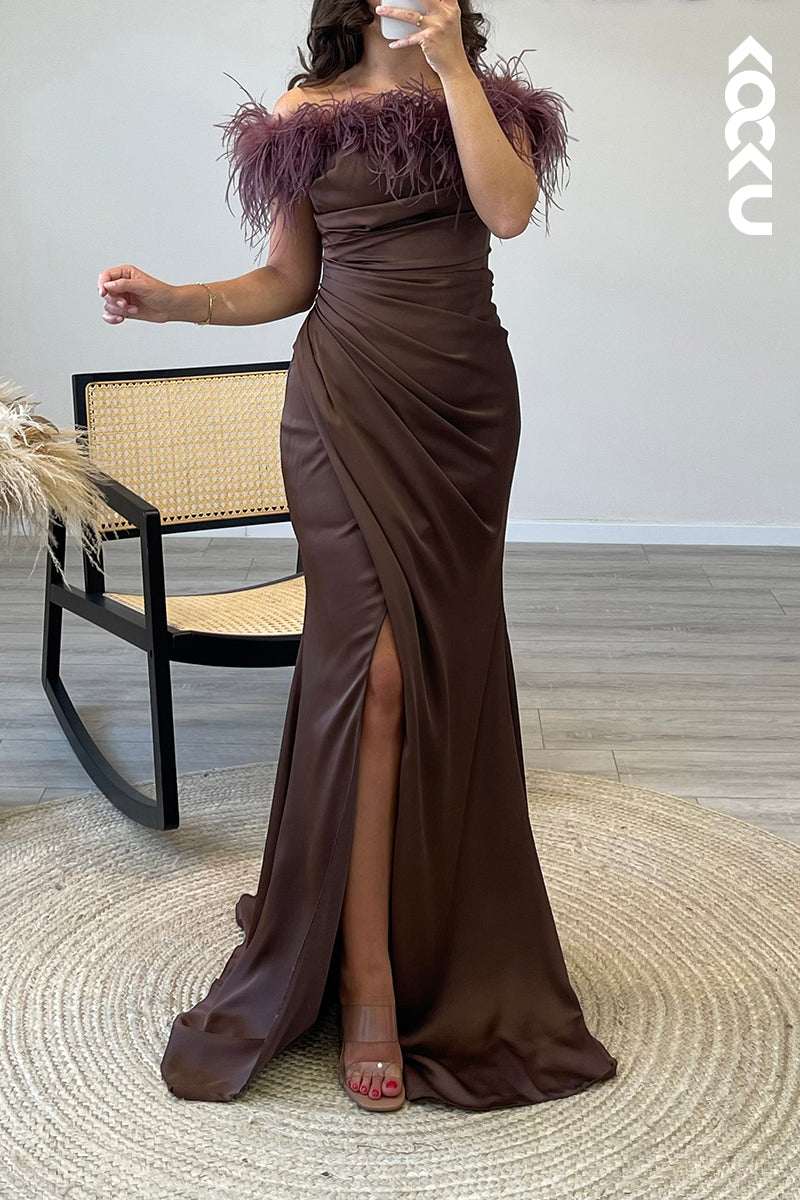 L1026 - Mermaid/Trumpet Off Shoulder Feather Satin Long Semi Formal Dress