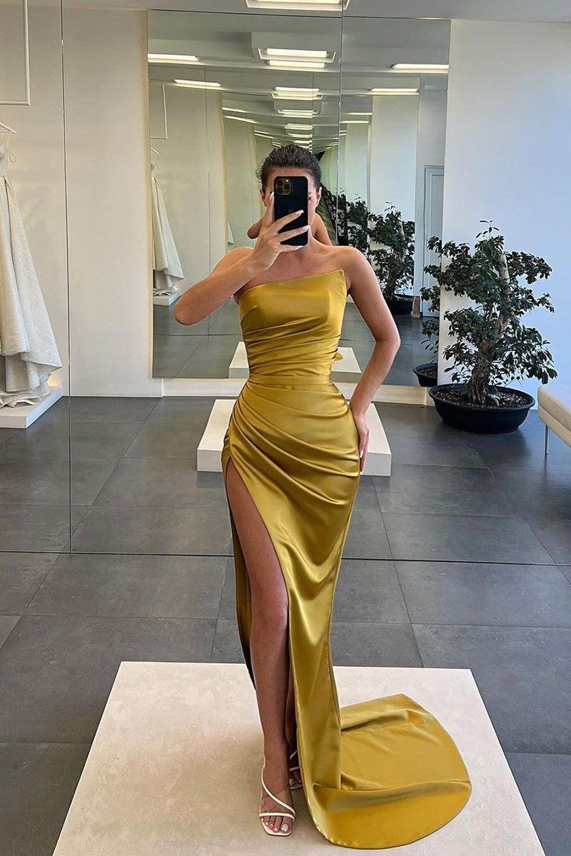 L1151 - Sheath/Column Strapless Satin Pleats Sleeveless Formal Dress