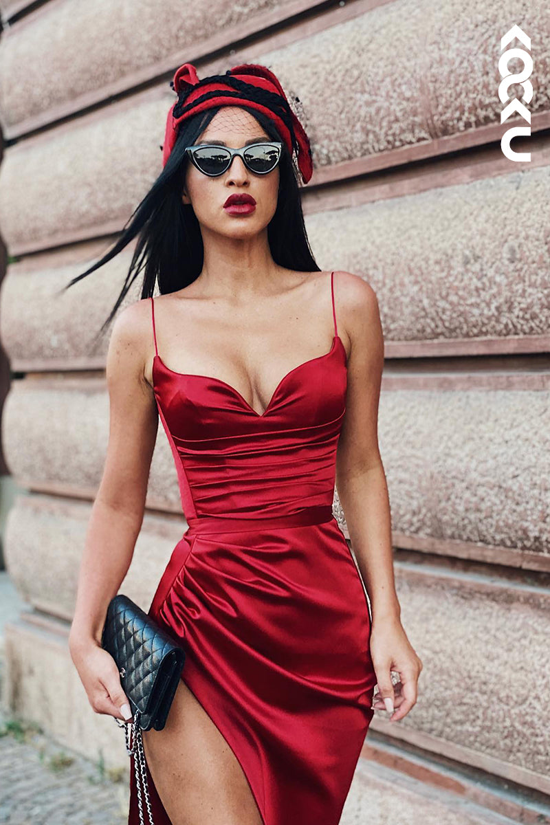 L1154 - Sheath/Column Straps Satin Pleats Sleeveless Formal Dress
