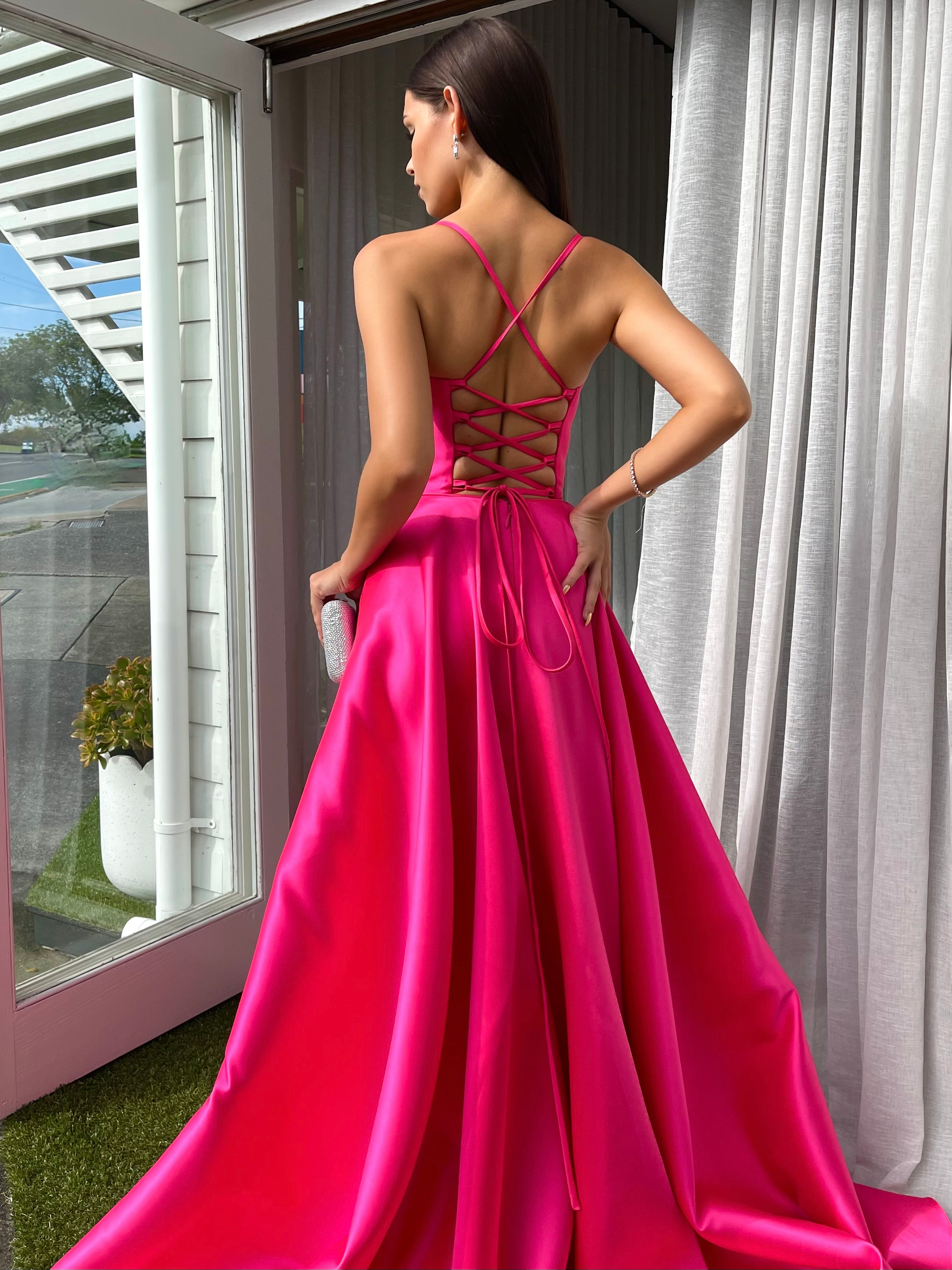 L1167 - A-Line V-Neck Satin Split Sleeveless Lace-Up Formal Dress