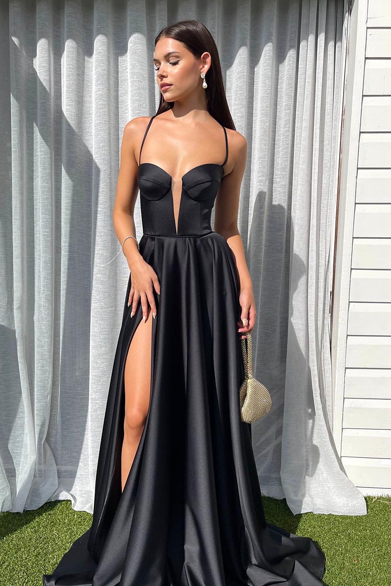 L1167 - A-Line V-Neck Satin Split Sleeveless Lace-Up Formal Dress