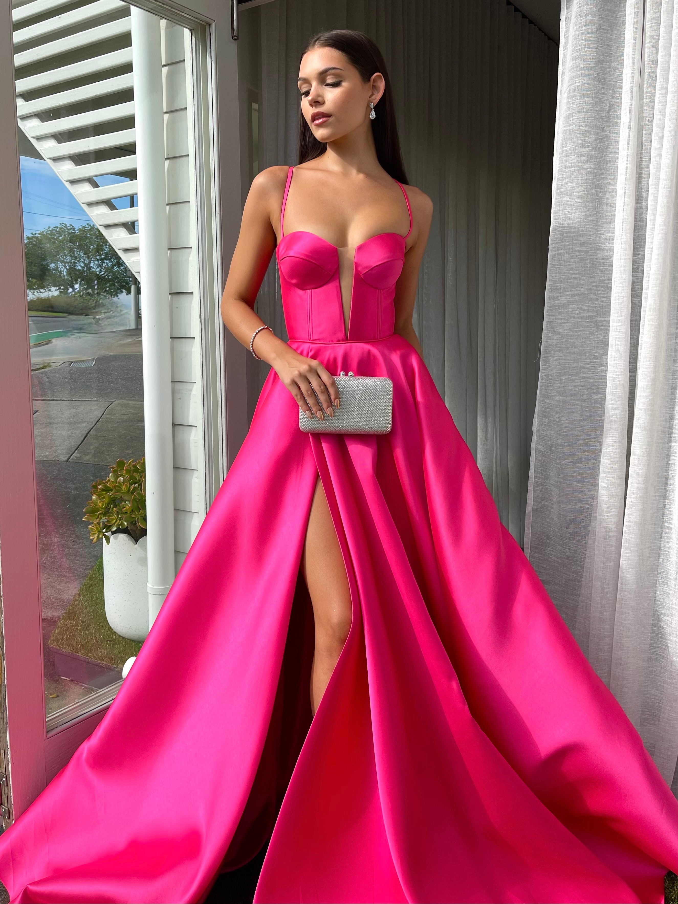 L1167 - A-Line V-Neck Satin Split Sleeveless Lace-Up Formal Dress