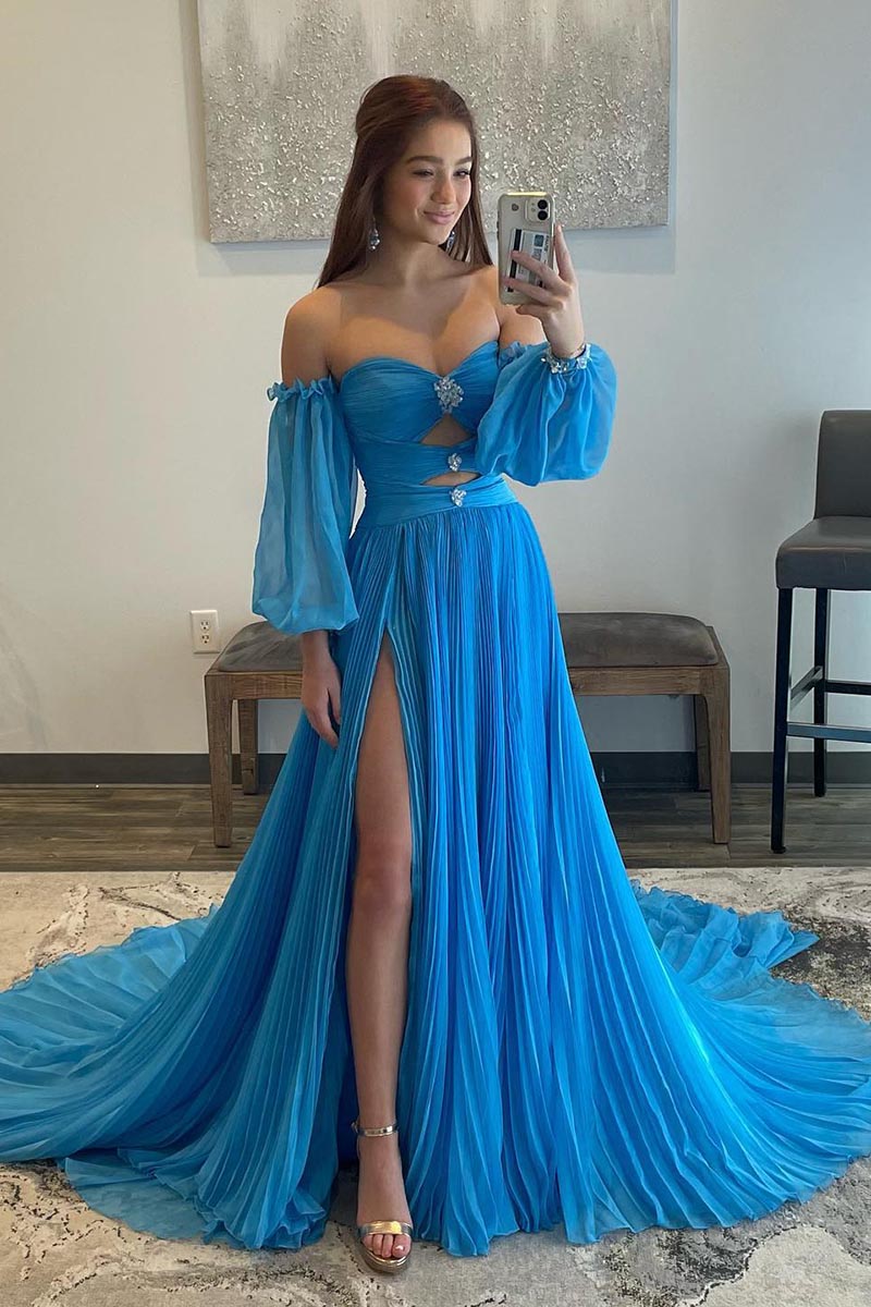 L1172 - A-Line Strapless Tulle Backless 3/4 Sleeves Formal Dress