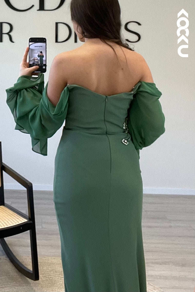 L1178 - Off Shoulder Long Sleeves Beaded Satin Mermaid Semi Formal Dress