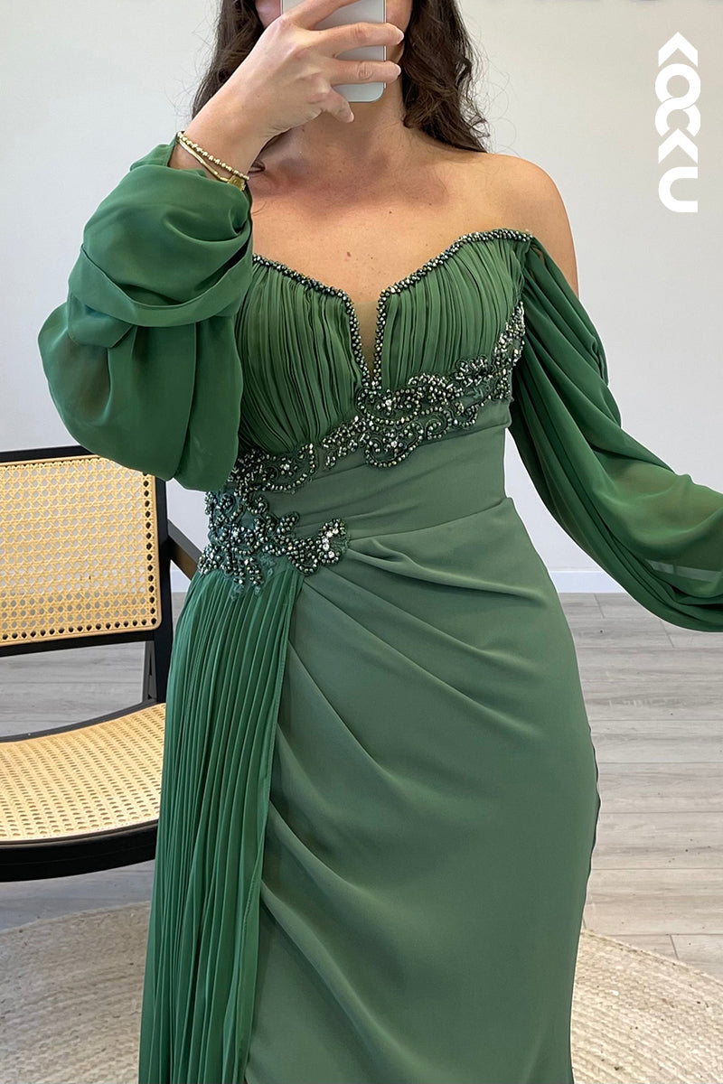 L1178 - Off Shoulder Long Sleeves Beaded Satin Mermaid Semi Formal Dress