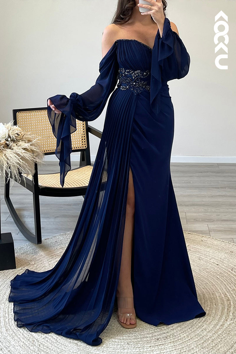 L1178 - Off Shoulder Long Sleeves Beaded Satin Mermaid Semi Formal Dress