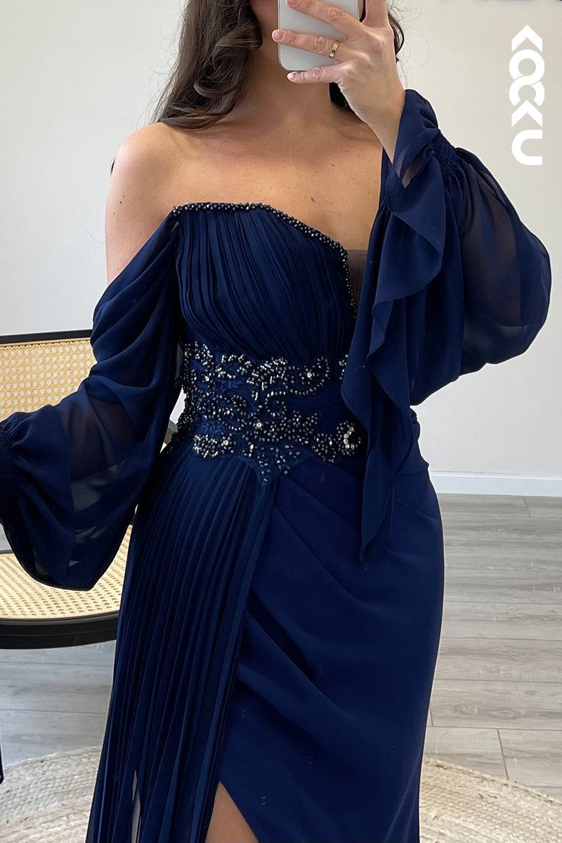 L1178 - Off Shoulder Long Sleeves Beaded Satin Mermaid Semi Formal Dress
