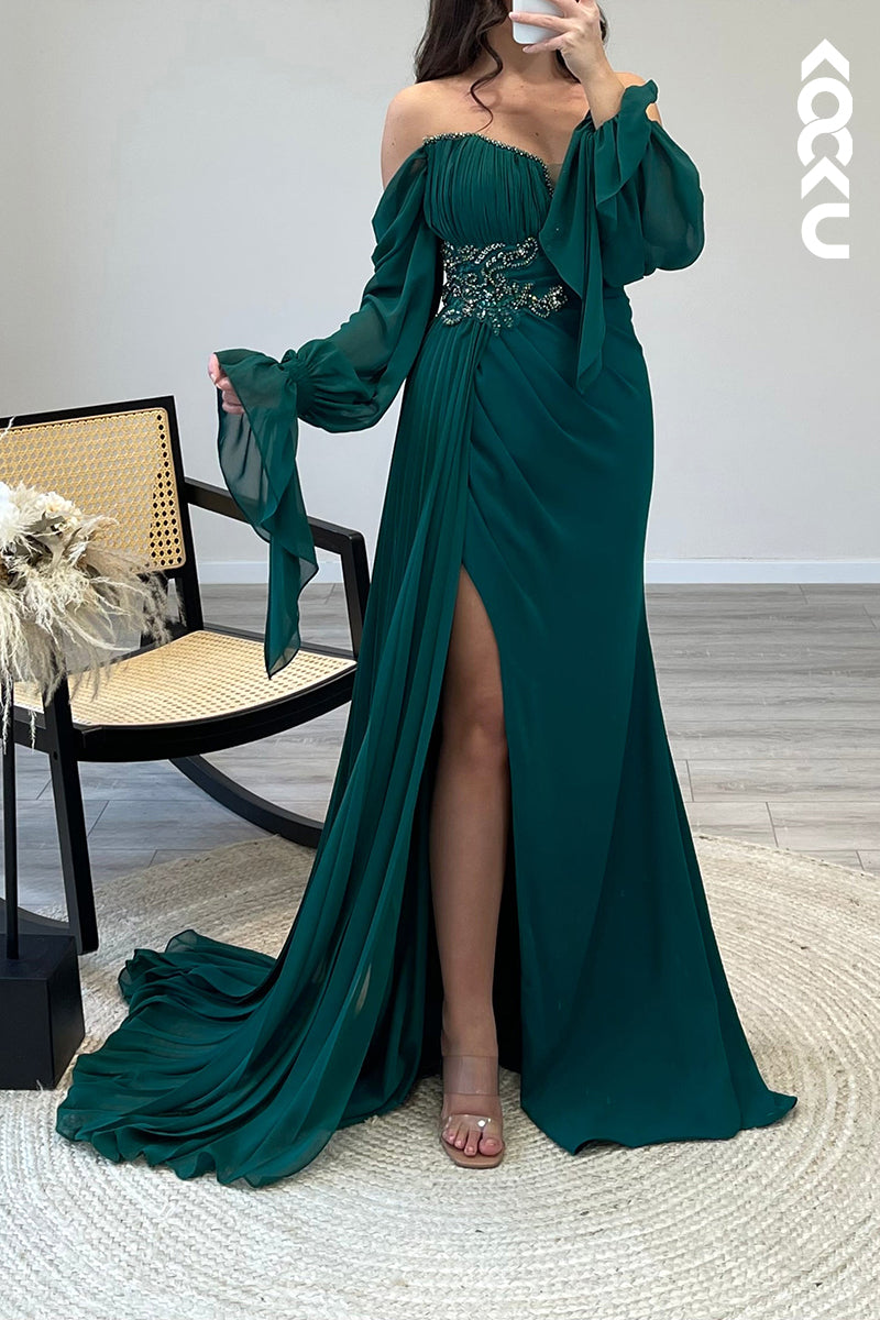 L1178 - Off Shoulder Long Sleeves Beaded Satin Mermaid Semi Formal Dress
