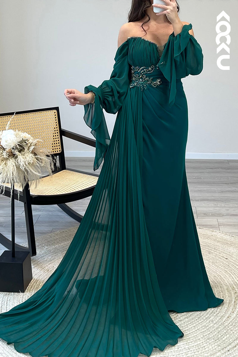 L1178 - Off Shoulder Long Sleeves Beaded Satin Mermaid Semi Formal Dress