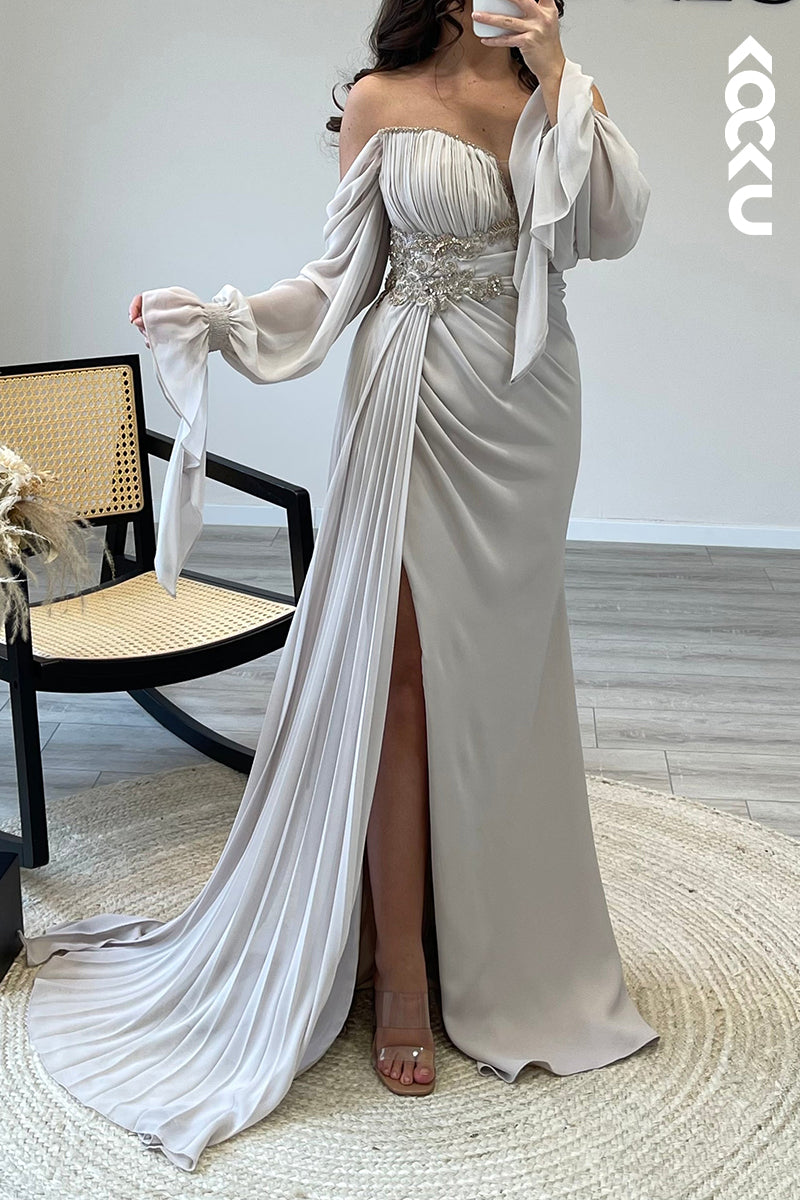 L1178 - Off Shoulder Long Sleeves Beaded Satin Mermaid Semi Formal Dress