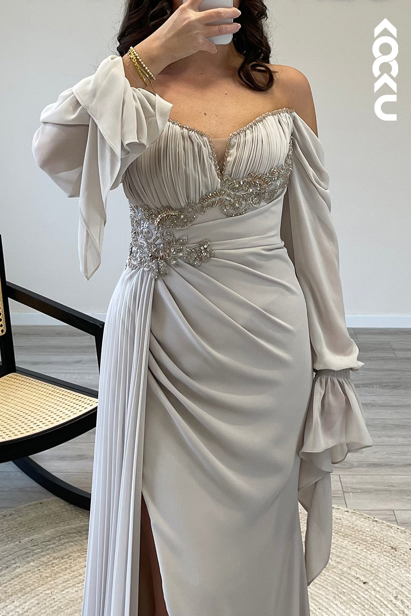 L1178 - Off Shoulder Long Sleeves Beaded Satin Mermaid Semi Formal Dress
