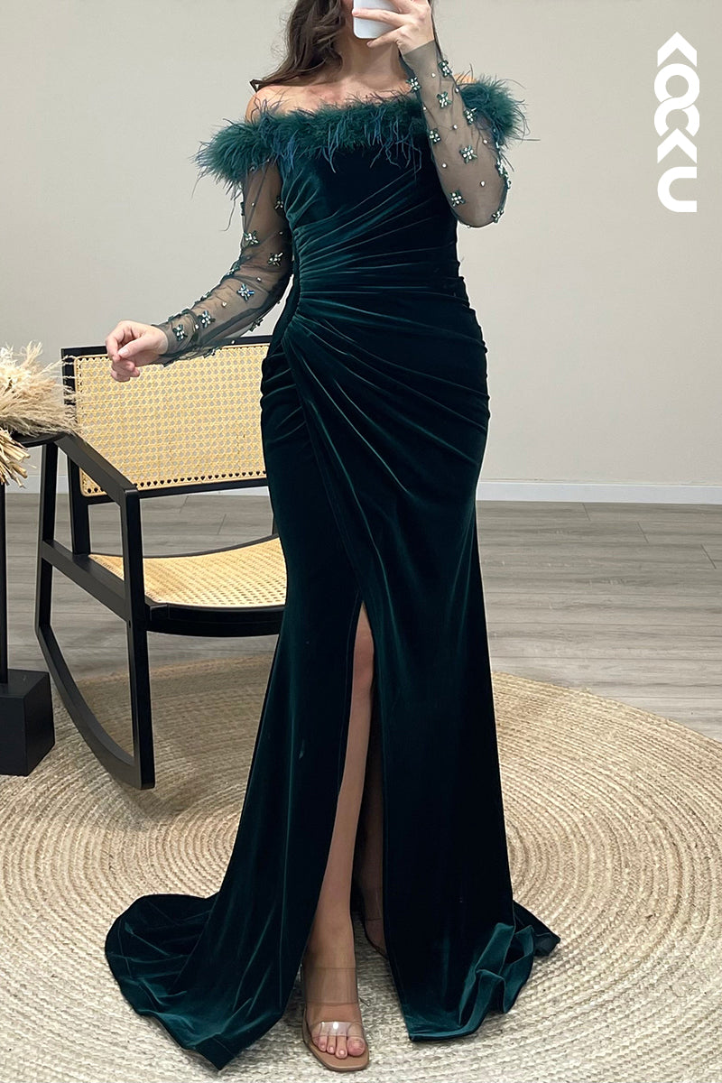 L1199 - Mermaid Off Shoulder Long Sleeves Beaded Velvet Long Semi Formal Dress