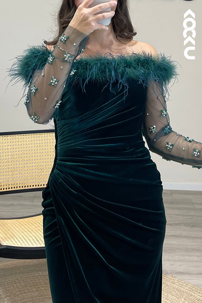 L1199 - Mermaid Off Shoulder Long Sleeves Beaded Velvet Long Semi Formal Dress