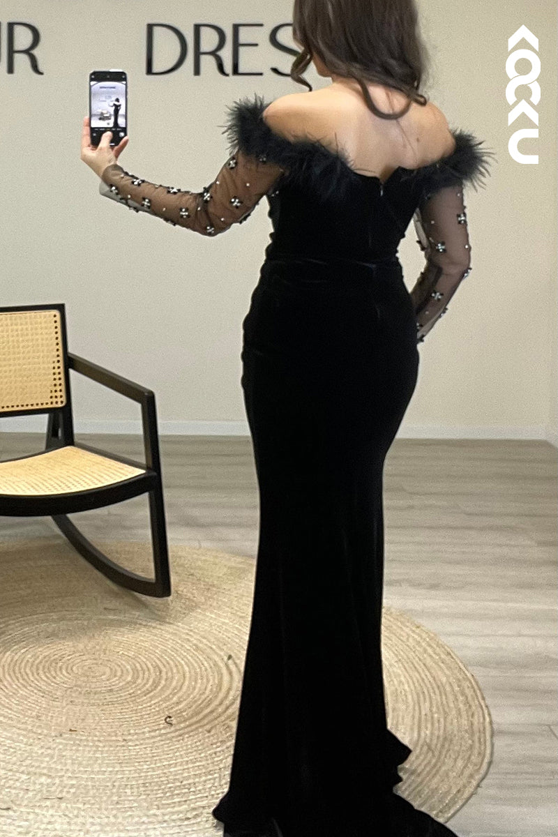 L1199 - Mermaid Off Shoulder Long Sleeves Beaded Velvet Long Semi Formal Dress