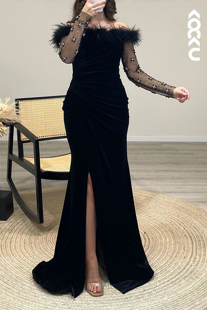 L1199 - Mermaid Off Shoulder Long Sleeves Beaded Velvet Long Semi Formal Dress