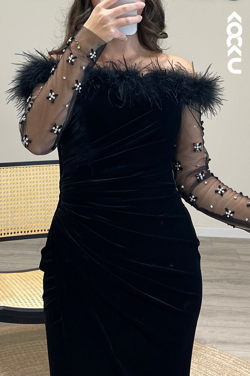 L1199 - Mermaid Off Shoulder Long Sleeves Beaded Velvet Long Semi Formal Dress