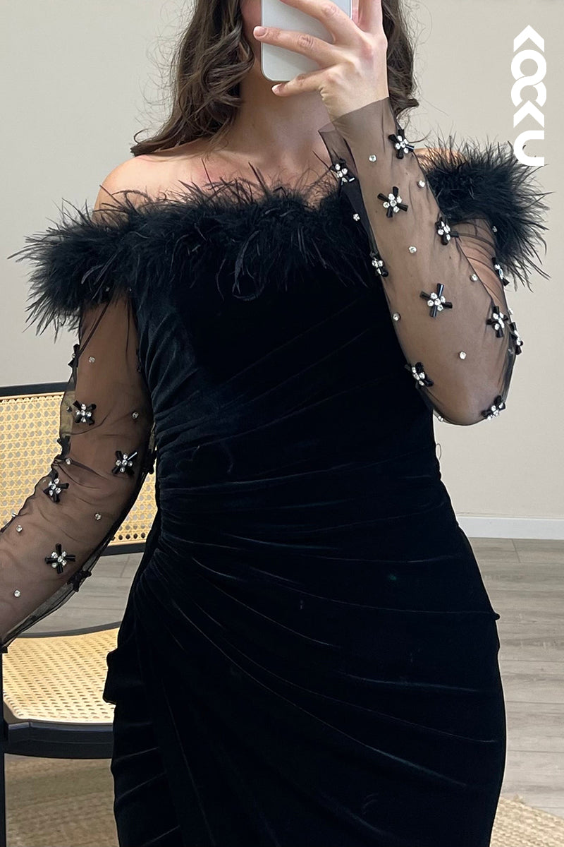 L1199 - Mermaid Off Shoulder Long Sleeves Beaded Velvet Long Semi Formal Dress