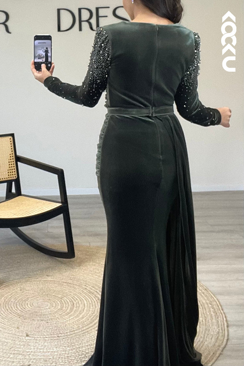 L1200 - V Neck Long Sleeves Beaded Velvet Pleated Mermaid Formal Dress for Wedding