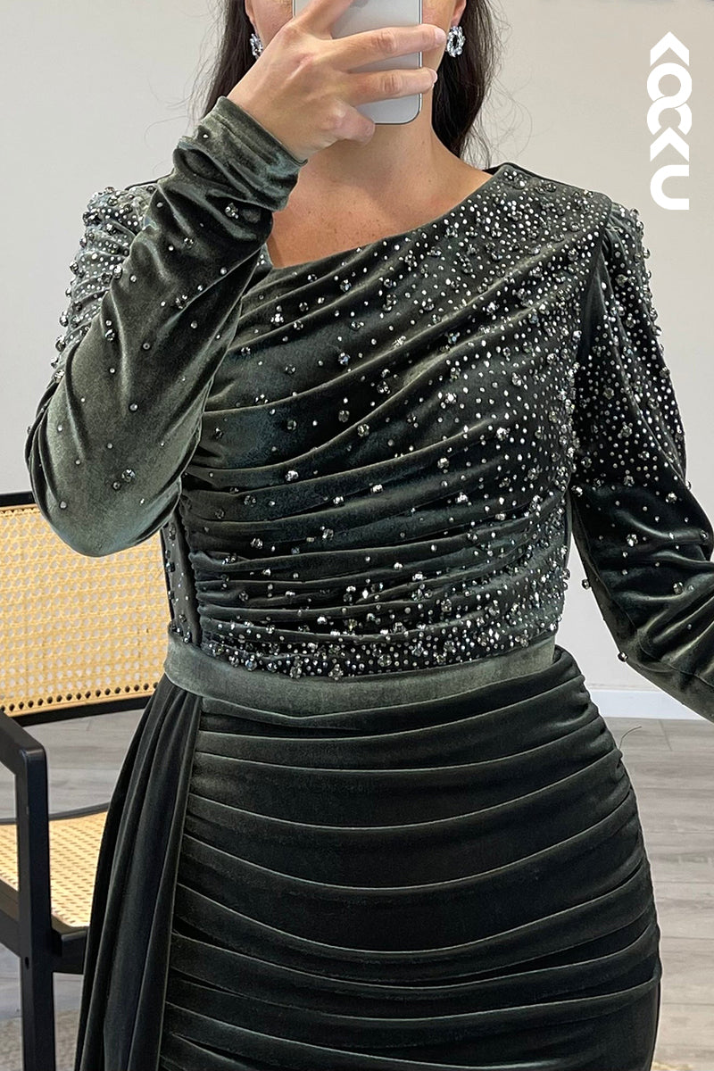 L1200 - V Neck Long Sleeves Beaded Velvet Pleated Mermaid Formal Dress for Wedding