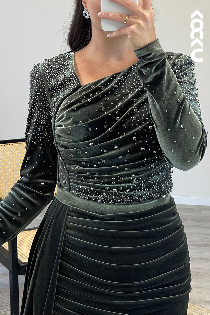 L1200 - V Neck Long Sleeves Beaded Velvet Pleated Mermaid Formal Dress for Wedding
