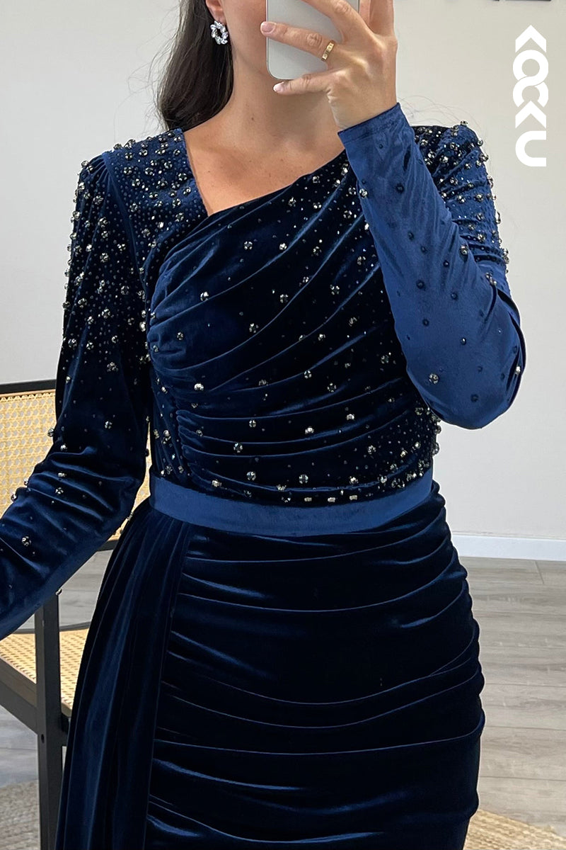 L1200 - V Neck Long Sleeves Beaded Velvet Pleated Mermaid Formal Dress for Wedding