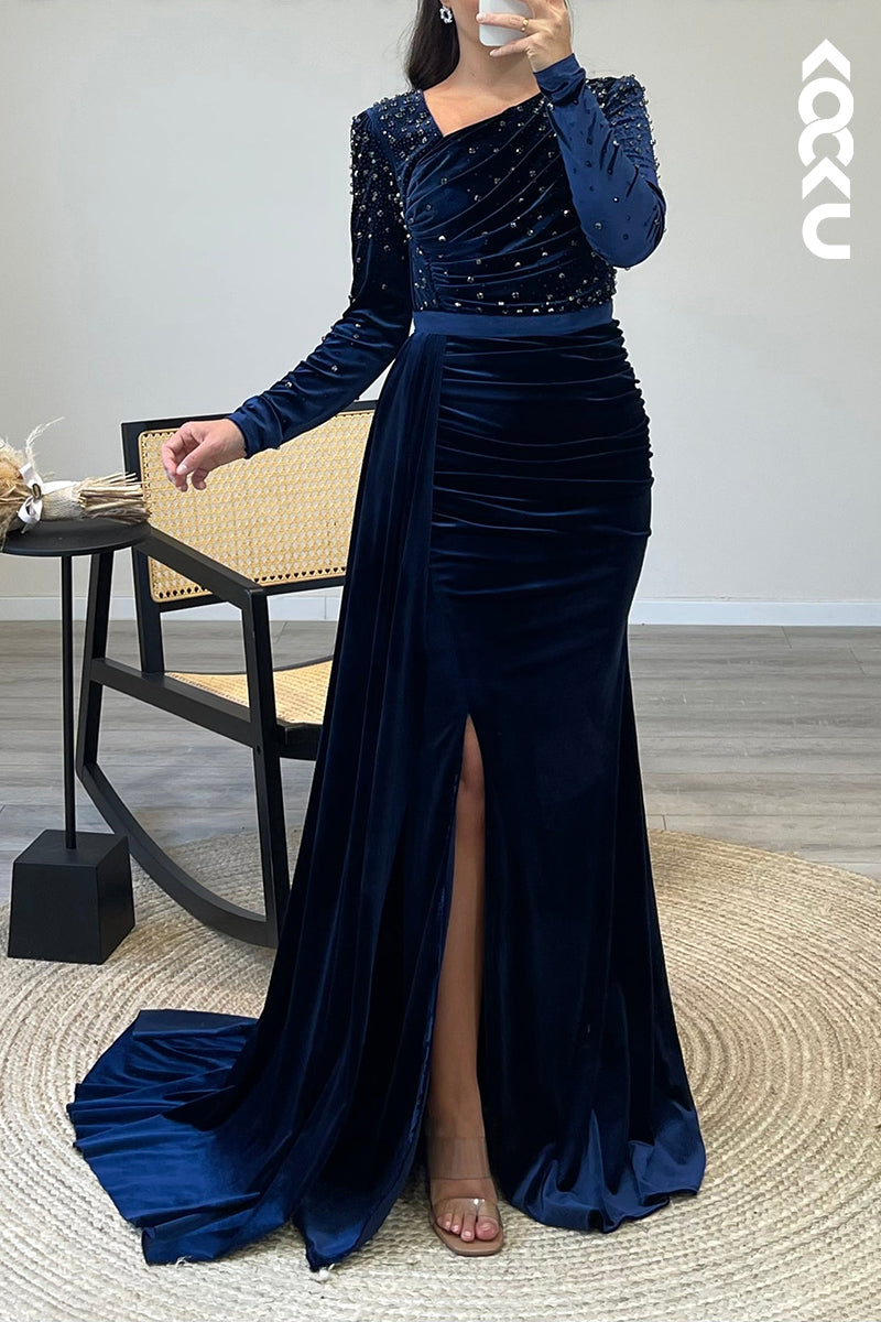 L1200 - V Neck Long Sleeves Beaded Velvet Pleated Mermaid Formal Dress for Wedding