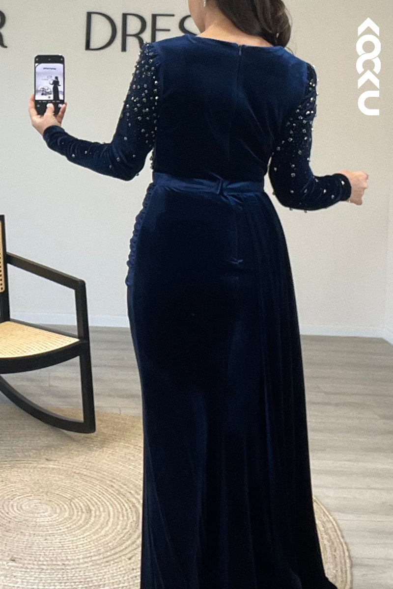 L1200 - V Neck Long Sleeves Beaded Velvet Pleated Mermaid Formal Dress for Wedding