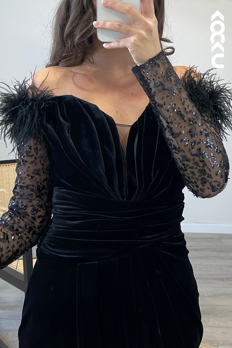 L1204 - Mermaid Off Shoulder Long Sleeves Feather Velvet Formal Dress for Wedding