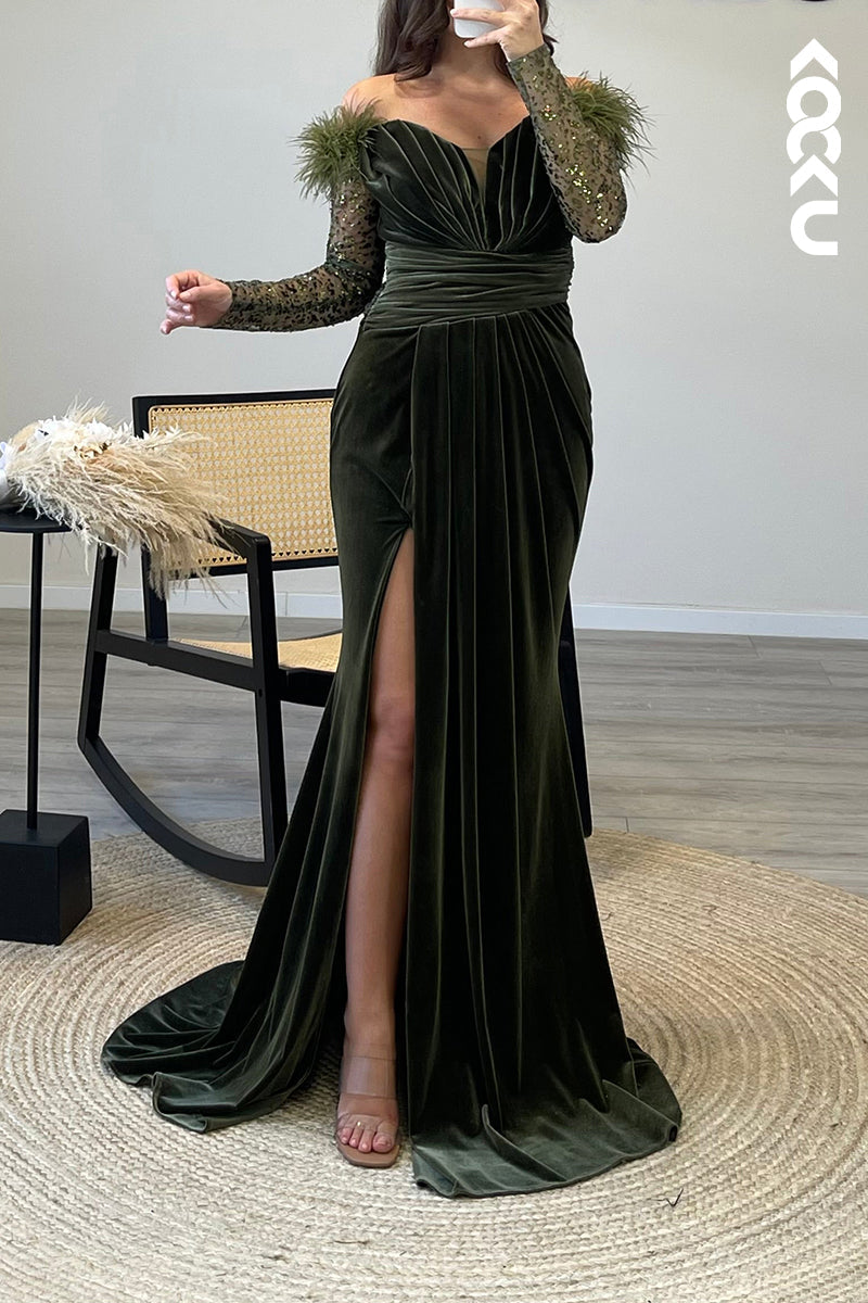 L1204 - Mermaid Off Shoulder Long Sleeves Feather Velvet Formal Dress for Wedding