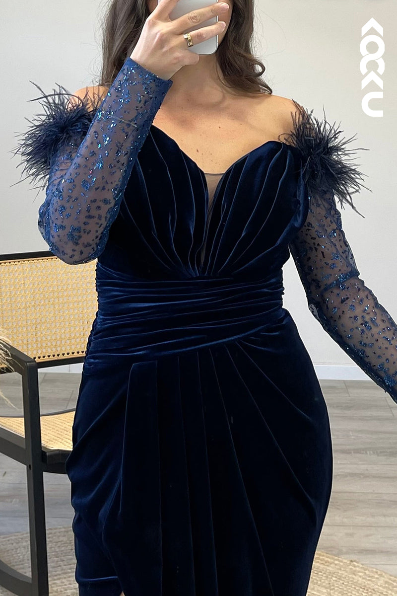 L1204 - Mermaid Off Shoulder Long Sleeves Feather Velvet Formal Dress for Wedding