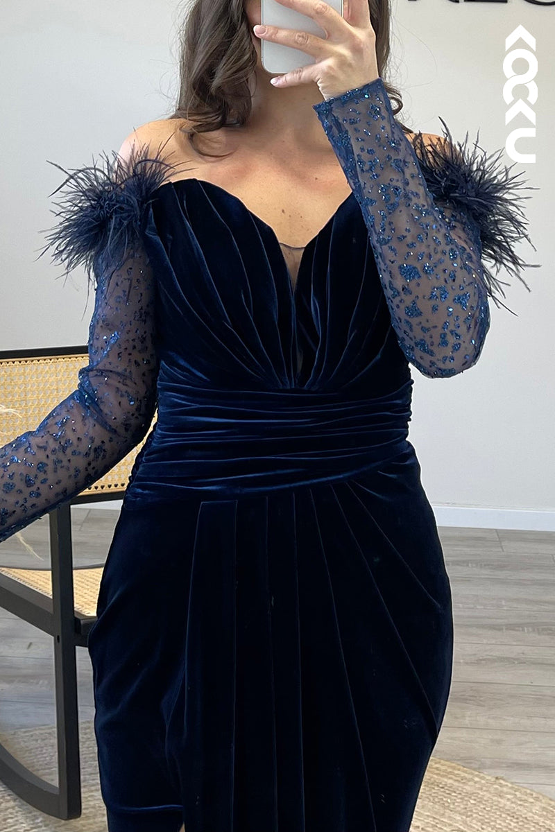 L1204 - Mermaid Off Shoulder Long Sleeves Feather Velvet Formal Dress for Wedding