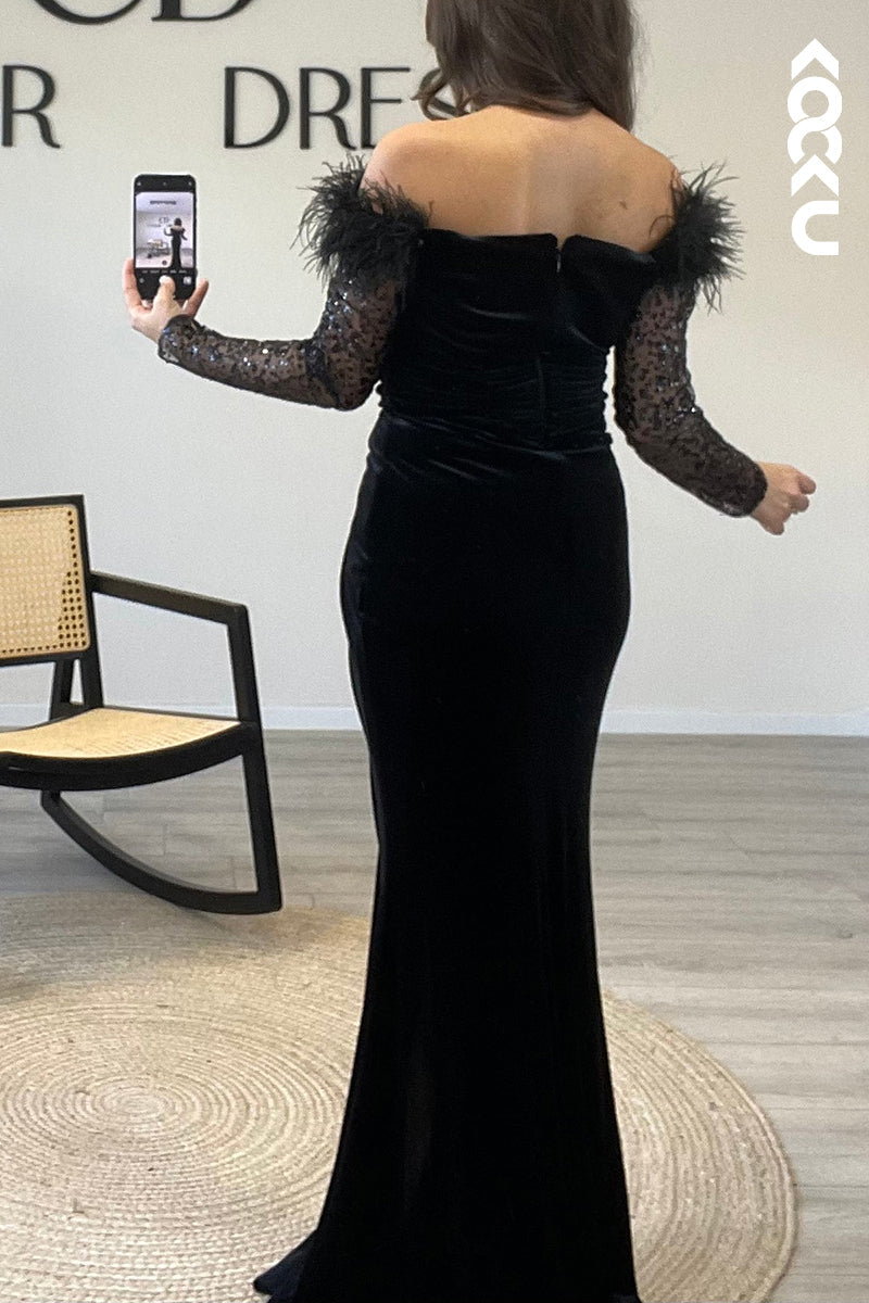 L1204 - Mermaid Off Shoulder Long Sleeves Feather Velvet Formal Dress for Wedding