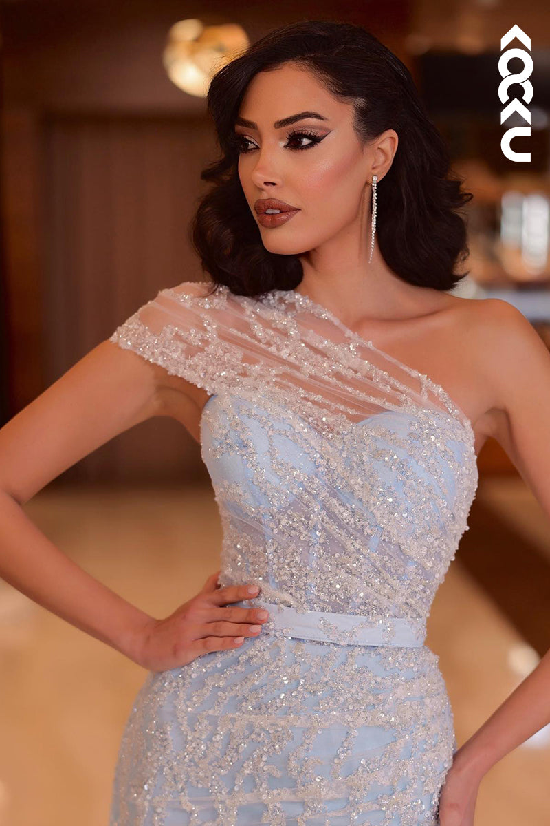 L1212 - Sheath/Column One Shoulder Satin Beaded Sleeveless Prom Evening Formal Dress