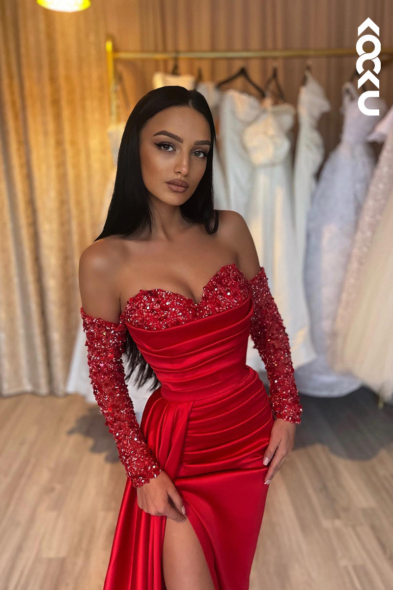 L1219 - Sheath/Column Sweetheart Satin Sequins Long Sleeves Prom Evening Formal Dress