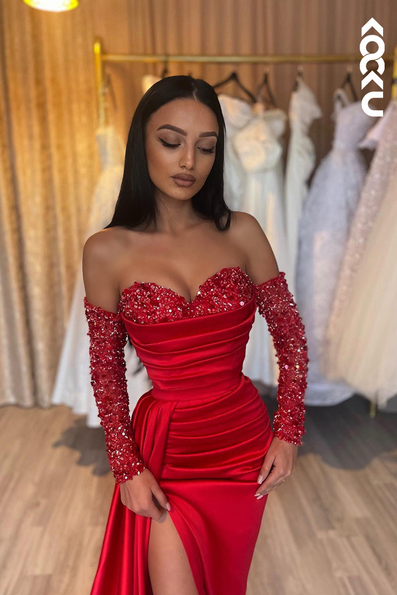 L1219 - Sheath/Column Sweetheart Satin Sequins Long Sleeves Prom Evening Formal Dress