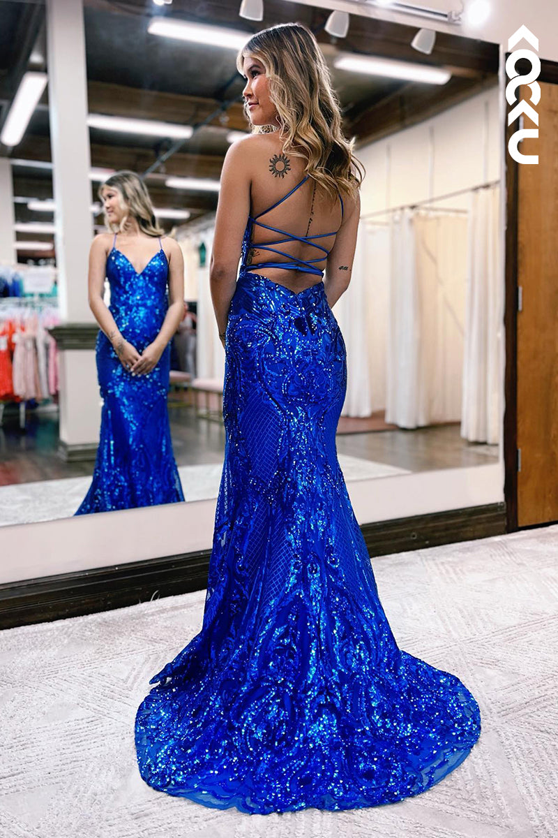 L1221 - Trumpet/Mermaid V-Neck Tulle Appliques Sleeveless Prom Evening Formal Dress