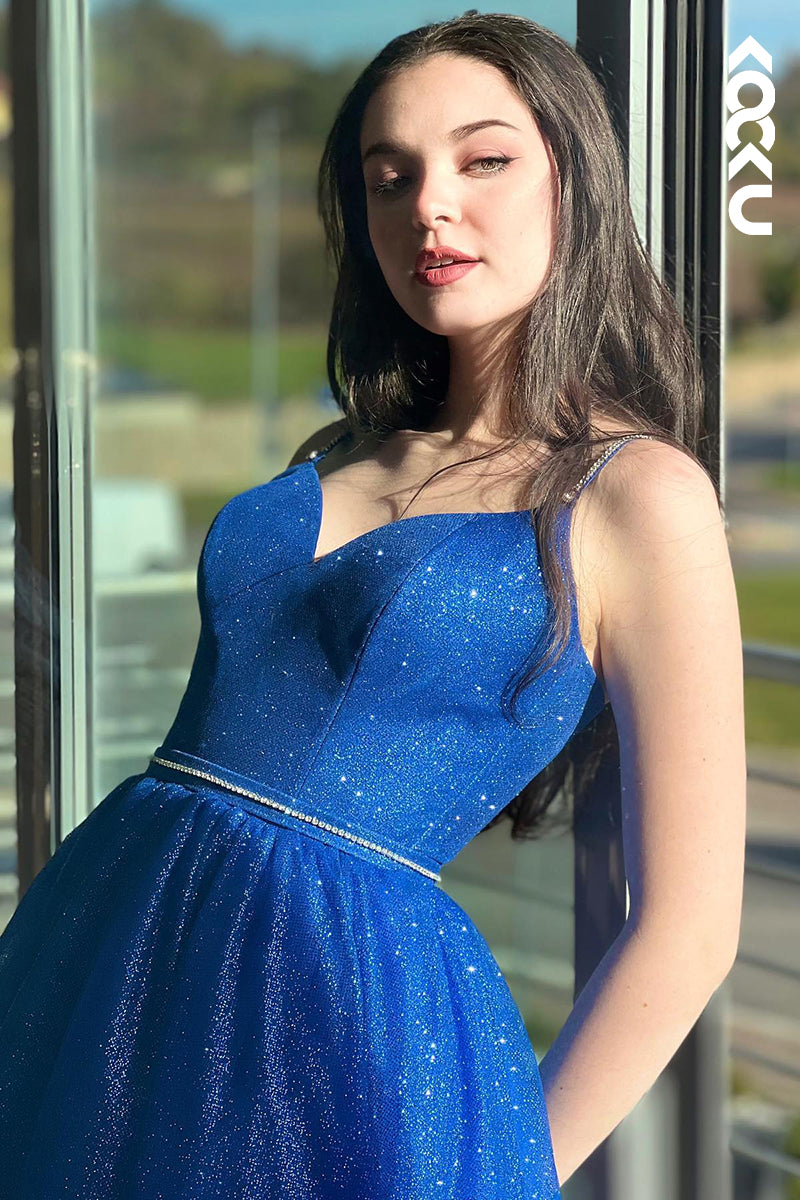 L1225 - A-Line Sweetheart Sequined Belt Sleeveless Prom Evening Formal Dress