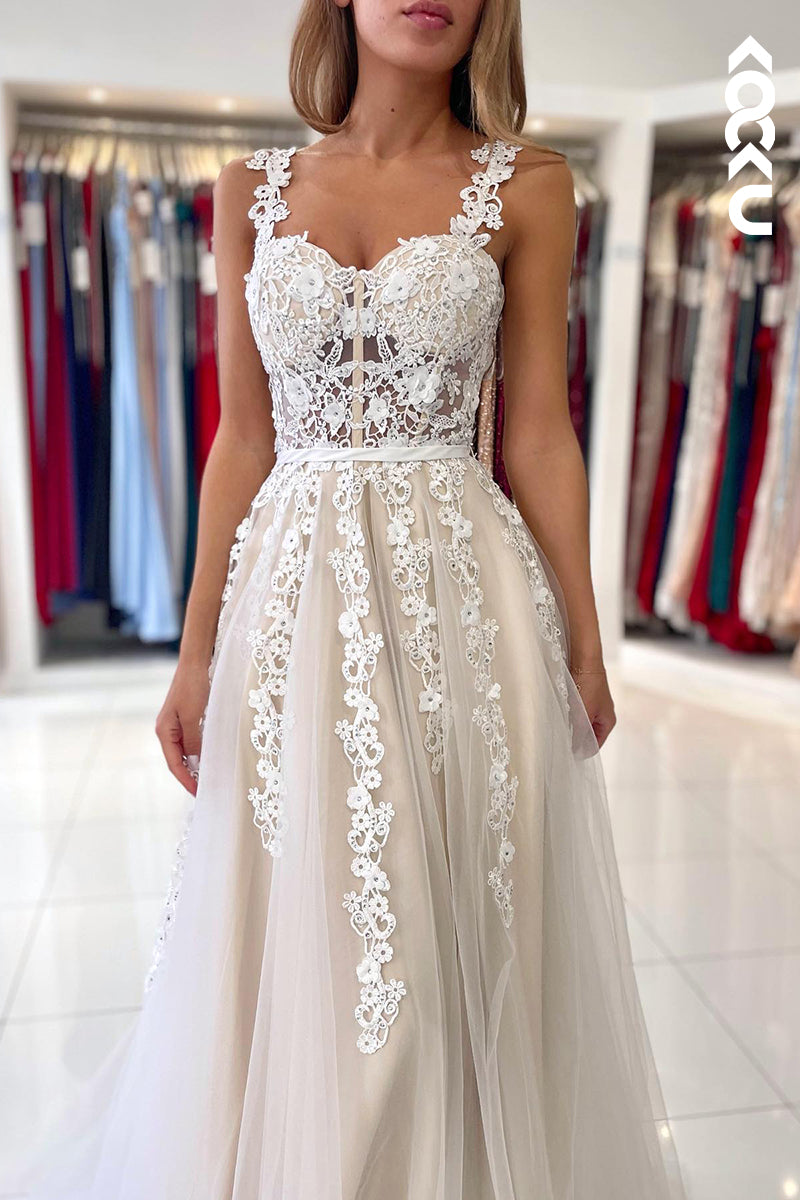 L1263 - A-Line Sweetheart Tulle Appliques Sleeveless Prom Evening Formal Dress