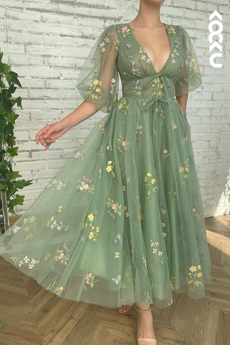 L1275 - A-Line V-Neck Tulle Appliques Half Sleeves Prom Evening Formal Dress