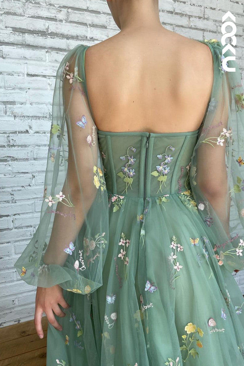 L1275 - A-Line V-Neck Tulle Appliques Half Sleeves Prom Evening Formal Dress