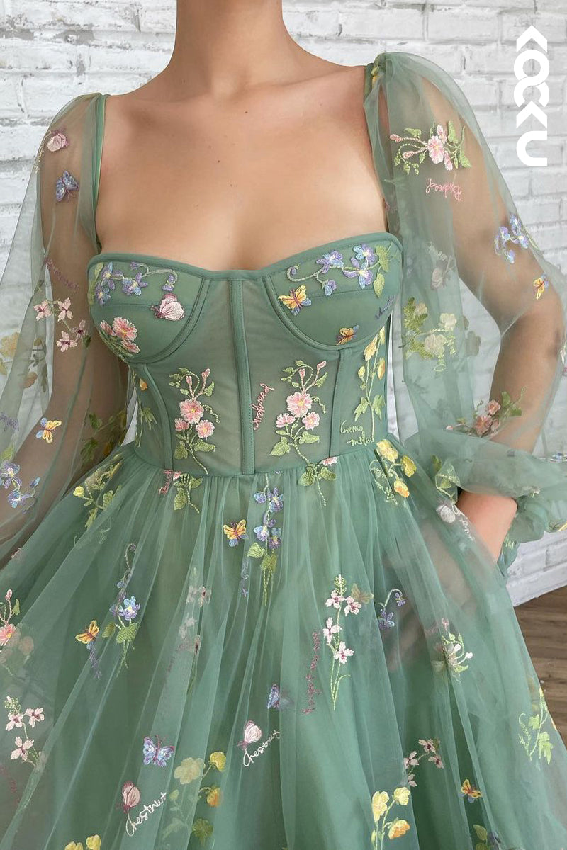 L1275 - A-Line V-Neck Tulle Appliques Half Sleeves Prom Evening Formal Dress