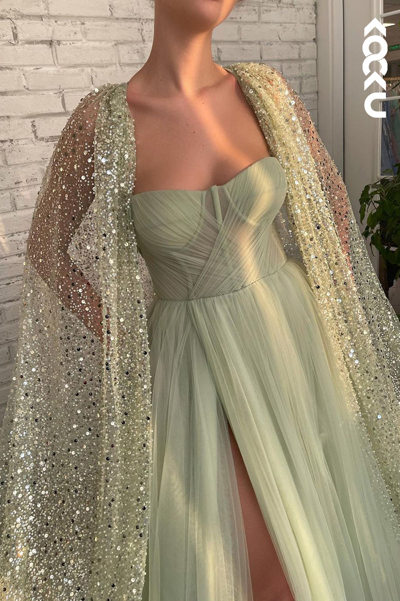 L1276 - Two-Piece Strapless Tulle Sequins Split Prom Evening Formal Dress